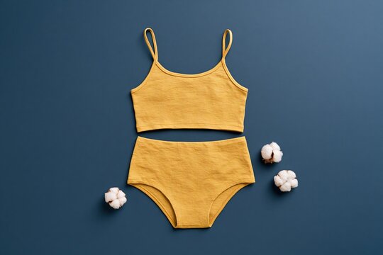 Mustard yellow cotton bralette and high waist underwear flatlay on blue background for fashion product banner and ecommerce design