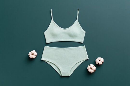 Pastel mint cami top and matching high rise underwear flatlay with cotton flowers for online product listing and promotional banner