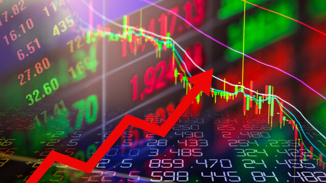 Financial stock market growth, candlestick chart trading analysis, and a rising financial graph. Growth and recovery of the stock market. A rising red financial arrow overlaying a stock market display
