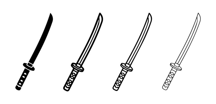 Katana sword icon set in solid and outline style with blade, samurai, Japanese, handle and martial arts symbols for weapon and ninja design, including 4 vector illustrations