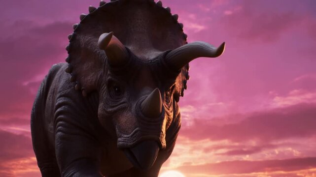 Triceratops facing forward beneath a colorful sunset sky with glowing horizon