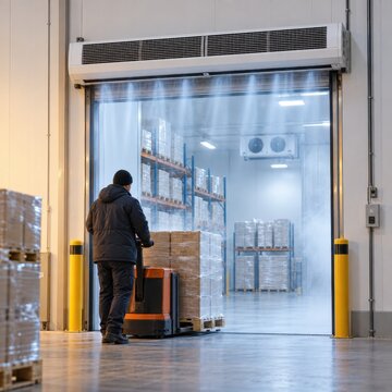 Worker moving a pallet through a refrigerated warehouse doorway