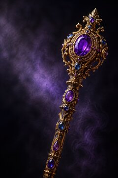 Ornate golden magic staff with glowing purple gemstones