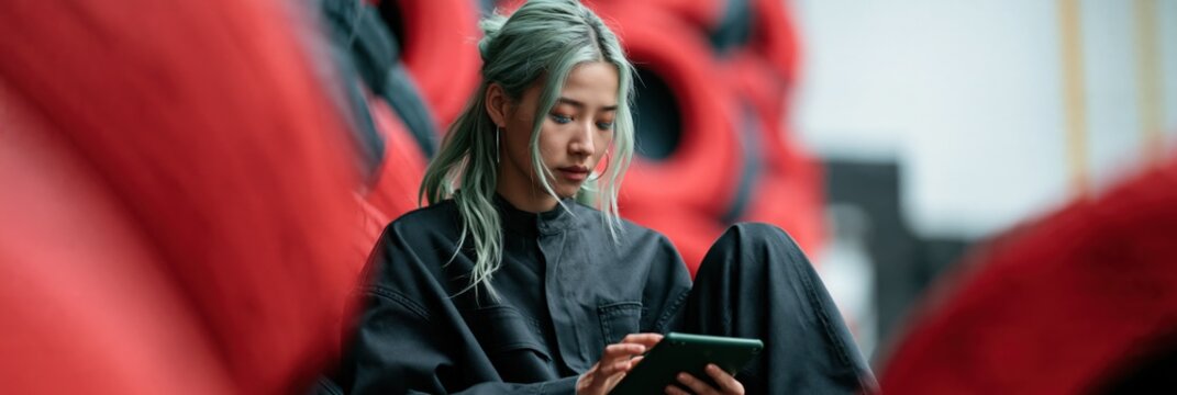 Female apprentice technician with green hair seated among red and black tires using tablet for inventory and training in an industrial tire shop background and banner design