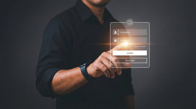 Man touching virtual login screen interface with username and password fields