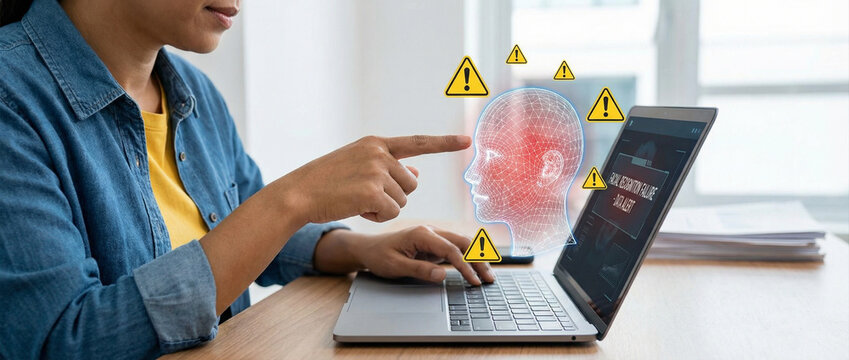 Person pointing at a digital human head model surrounded by warning icons while operating a laptop