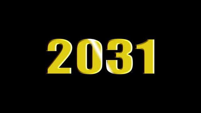 Year 2031 Scaling Text Animation with Bevel and Light Sweep Effect on Black Background.