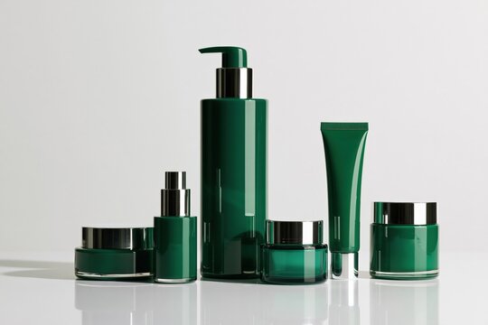Row of green cosmetic skincare containers on white reflective surface for beauty packaging display and minimalist product banner use