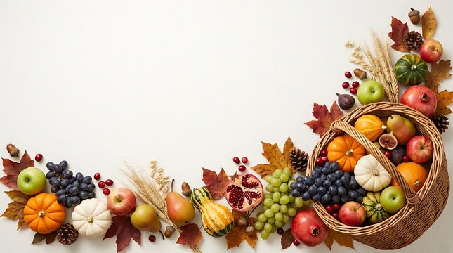 A beautiful thanksgiving harvest basket filled with fresh seasonal fruits vegetables and colorful autumn leaves on a clean white background surface