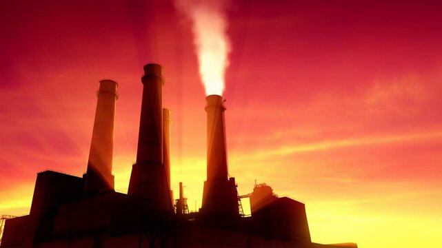 Industrial power plant smokestacks and smoke silhouetted against glowing sunset sky