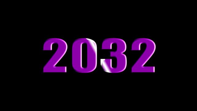 Year 2032 Scaling Text Animation with Bevel and Light Sweep Effect on Black Background.