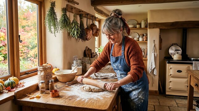 Woman Rolling Out Dough in Cozy Autumn Kitchen