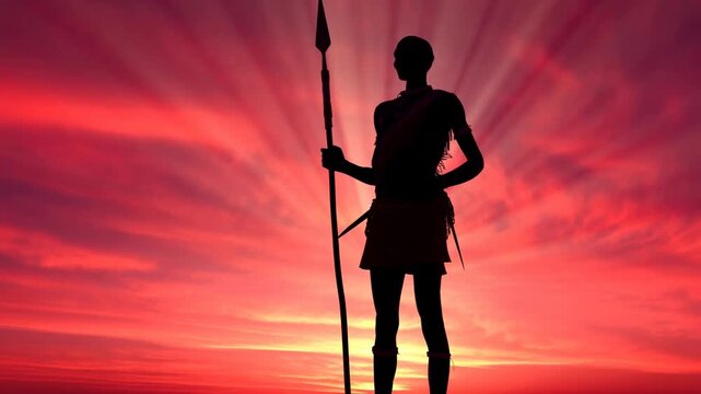 Warrior silhouette standing with spear against vivid sunset sky in dramatic backlight