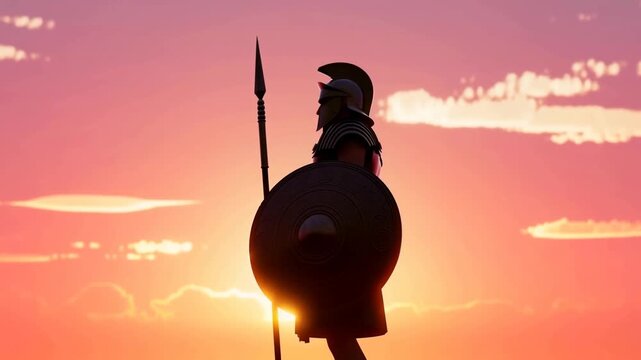 Ancient warrior standing with shield and spear in silhouette against sunset sky