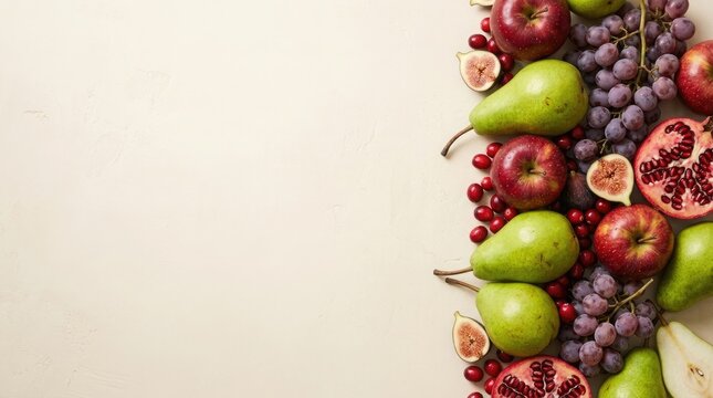 Fresh autumn fruits with green pears red apples grapes and pomegranate half arranged on cream textured background.