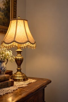 Warm antique table lamp with a beaded fabric shade