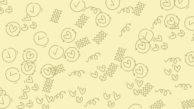 Seamless pattern background with hand drawn hearts and check marks on light yellow.