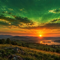 Fototapeta premium Golden sunset over hills beneath a dramatic green sky
