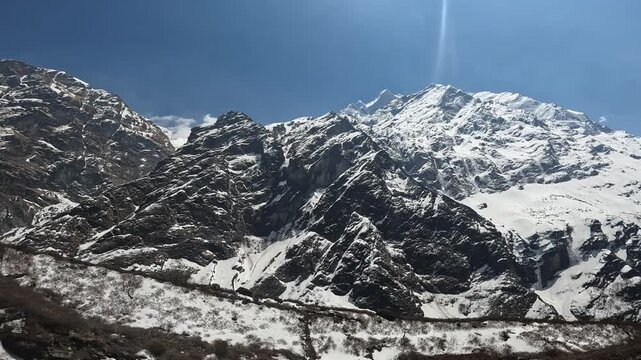 Beautiful massif mountains view of Machhapuchhre mountain (Mt.Fish tail) seen from MBC (Machhapuchhre base camp) on the way to Annapurna base camp, Nepal.