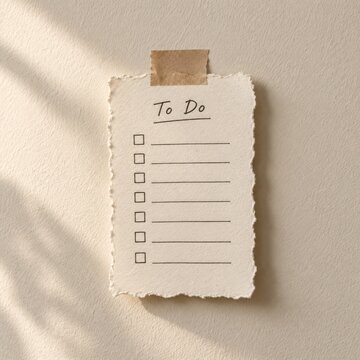Vintage to-do list on aged paper pinned to neutral wall with natural daylight and copy space