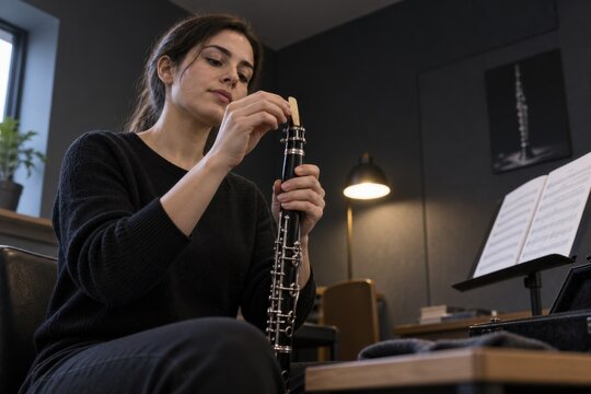 Musician adjusting a reed on a woodwind instrument