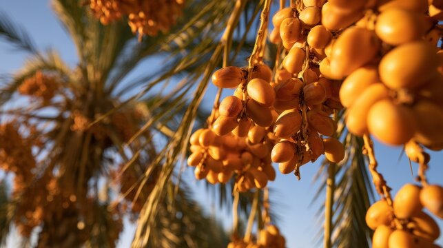 Close-up of ripe yellow date fruit hanging on palm tree branch under clear blue sky in bright sunlight