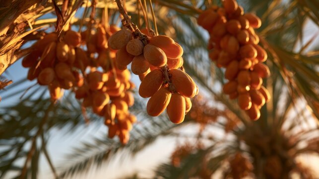 Close-up of ripe orange date fruit hanging in clusters on palm tree with sunlight shining through leaves in a natural outdoor setting