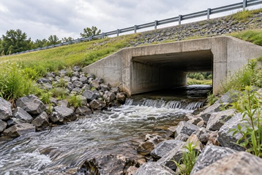 Stream flowing through a concrete box culvert beneath a road