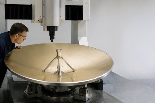 Technician measuring a large parabolic dish in a laboratory
