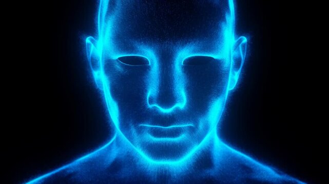 Glowing blue digital human face remains still in darkness with fine particle texture