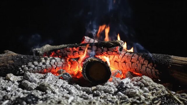 Crimson embers glow and fade in a dying campfire with smoke curling upwards against a dark background