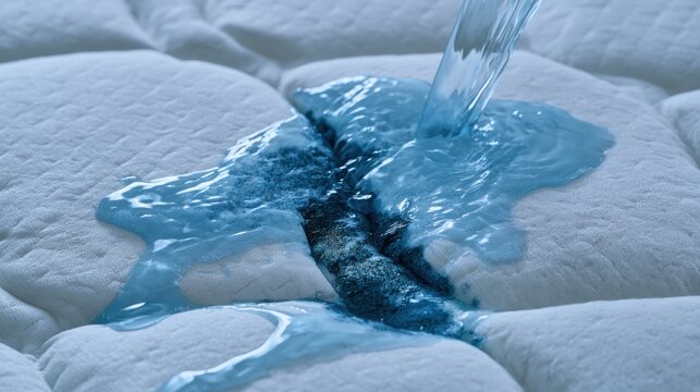 Close-up of clear liquid pouring onto white quilted mattress causing visible wet stain and water absorption demonstration