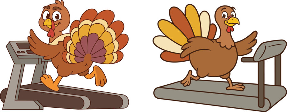 Funny cartoon illustration of a thanksgiving turkey running on a treadmill to stay fit for the holidays