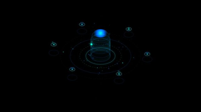 Futuristic blue HUD hologram of quantum database capsule rotating slowly on black background
