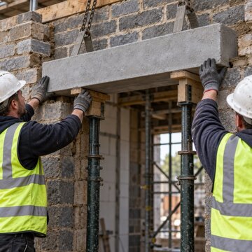 Builders positioning a concrete lintel above a doorway