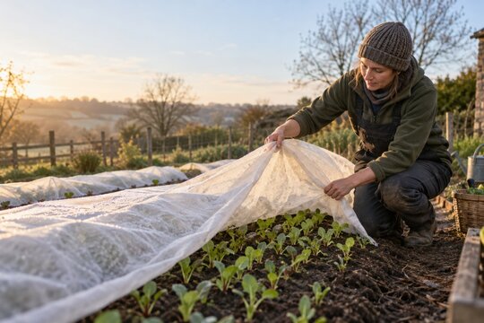 Gardener covering young plants with protective garden fleece