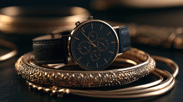 Elegant black leather strap wristwatch with gold detailed classic dial placed on luxury shiny gold bracelet on dark background