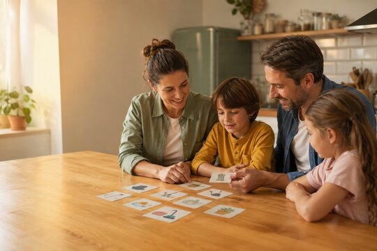Family playing a picture card game around a kitchen table
