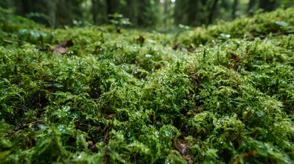 Fototapeta premium Lush green moss covering the forest floor with morning dew drops. Natural macro background for ecological and tranquil designs.