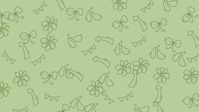 Seamless pattern featuring hand drawn bows flowers and bunting flags on a soft green background.