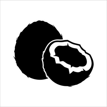 Black silhouette of a whole coconut and a half coconut, isolated on a white background, tropical fruit for food and beverage