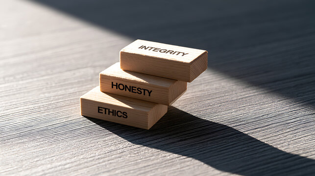 Wooden blocks stacked as stairs with engraved words ethics honesty integrity representing business values morals and professional success concept