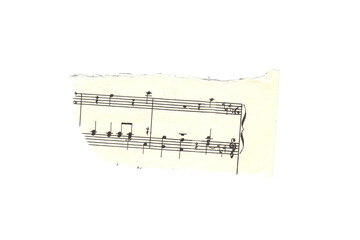Scrap of old torn music sheet, vintage yellowed ripped paper with notes isolated for design....