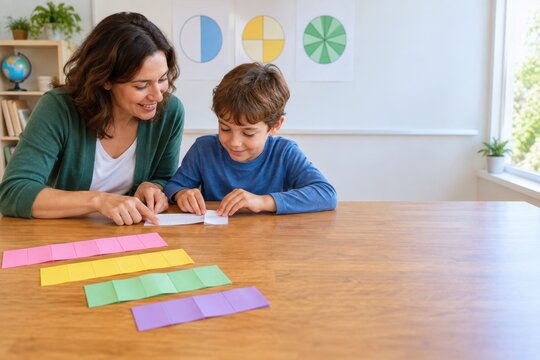 Teacher helping a boy learn fractions with paper strips