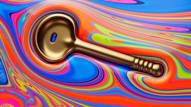 Golden spoon resting on swirling multicolor psychedelic background with abstract flowing lines