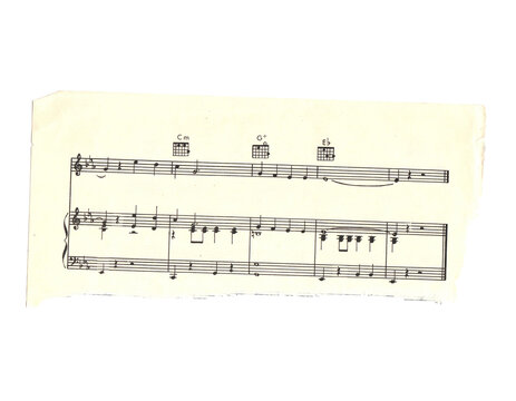 Scrap of old torn music sheet, vintage yellowed ripped paper with notes isolated for design. Transparent background. Vintage musical notation fragment for scrapbooking, collage art, journaling