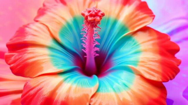 Red hibiscus flower in closeup against a colorful soft blurred background