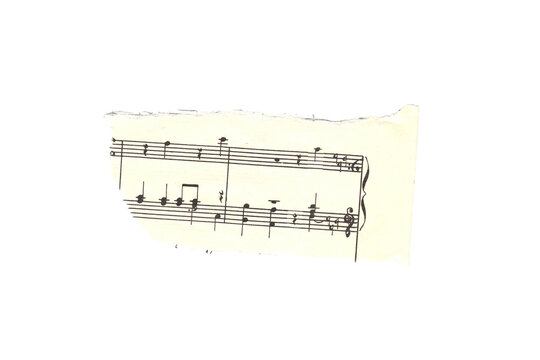 Scrap of old torn music sheet, vintage yellowed ripped paper with notes isolated for design. Transparent background. Vintage musical notation fragment for scrapbooking, collage art, journaling
