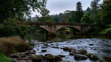 Fototapeta premium A stone arch bridge spans a calm river surrounded by lush green trees and forested banks under an overcast sky
