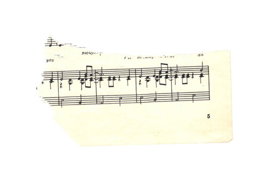 Scrap of old torn music sheet, vintage yellowed ripped paper with notes isolated for design. Transparent background. Vintage musical notation fragment for scrapbooking, collage art, journaling